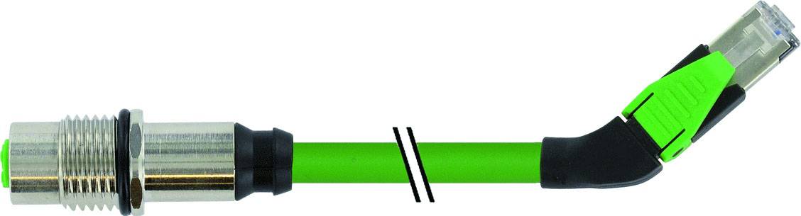 Ein grünes Ethernet-Kabel mit Metallstecker links und einem RJ45-Stecker rechts, verbunden für industrielle Netzwerkanwendungen.