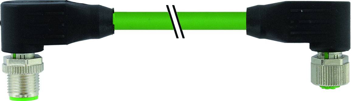 Grünes Kabel mit zwei schwarzen, abgewinkelten Steckverbindern an den Enden, die jeweils mit Metallverschraubungen versehen sind.