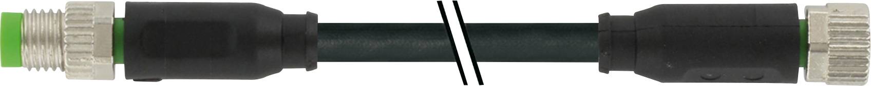 Kabelfoto zeigt zwei Steckverbinder auf schwarzem Kabel. Links ist ein grüner Steckverbinder, rechts ein metallischer.