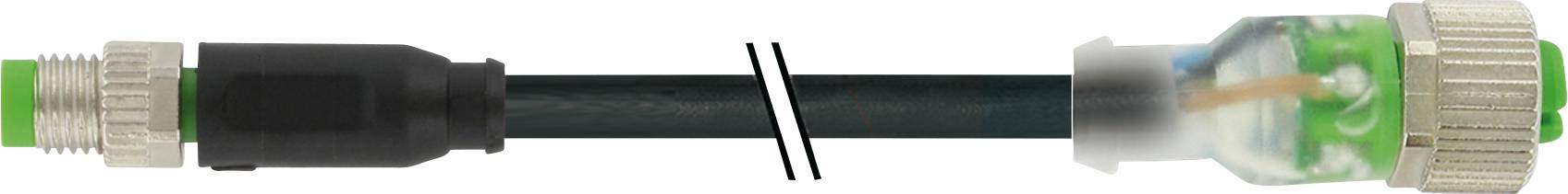 Ein schwarzes Kabel mit grünem Stecker und einer transparenten, grünen Buchse, dargestellt als Durchbruch mit verbundener Verbindung.