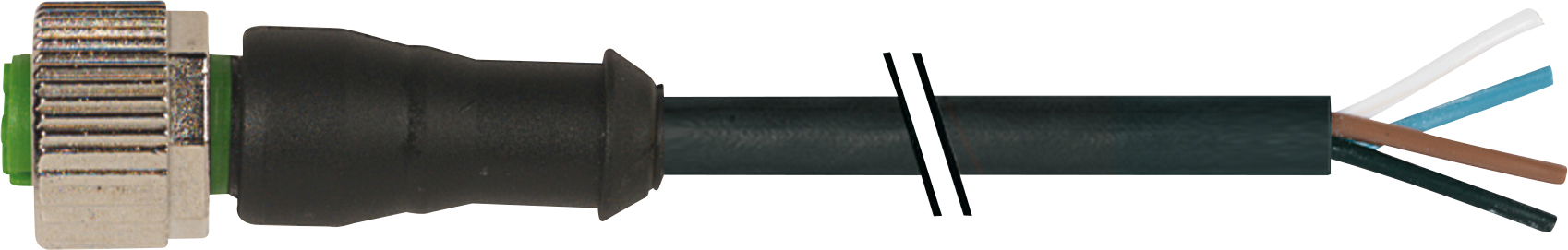 Ein schwarzer, abgeschirmter Kabelstecker mit abisolierten Enden, die vier verschiedenfarbige Drähte in Blau, Weiß, Braun und Schwarz zeigen.