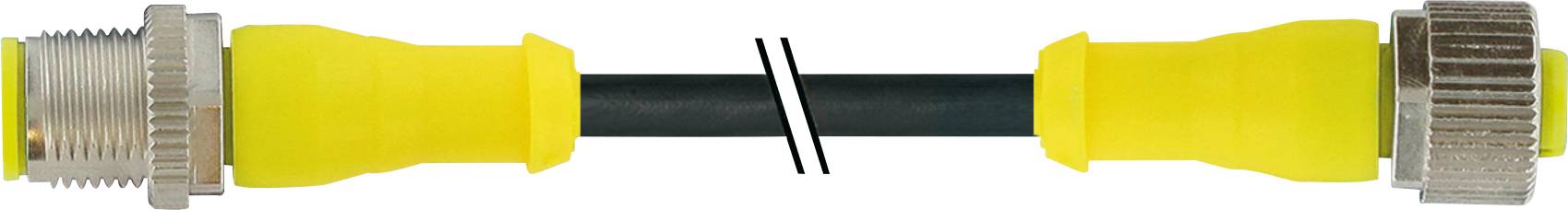 Gelbes Verbindungskabel mit Metallstecker an beiden Enden, getrennt durch einen schwarzen Schnitt in der Mitte.