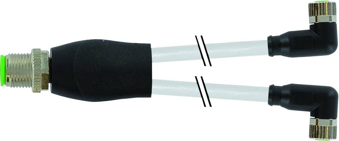 Zweigeteilter M8-Splitterkabel mit einem männlichen und zwei weiblichen Steckern, jeweils am Ende eines kurzen weißen Kabels.