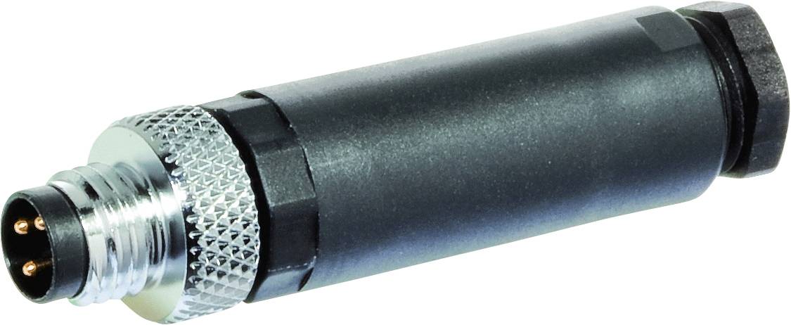 Ein schwarzer elektronischer Stecker mit Metallgewinde und drei Kupferpins am Ende, zeigt die Anschlussseite nach links.