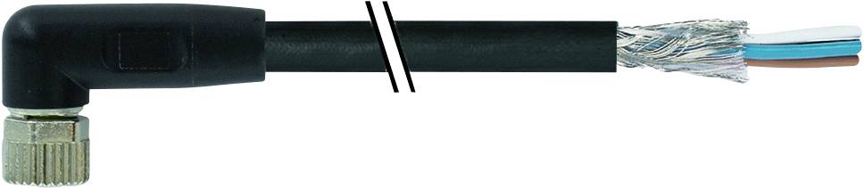 Ein schwarzes, abgewinkeltes Kabel mit freigelegten, farbigen Drähten am Ende und einer Verschraubung.