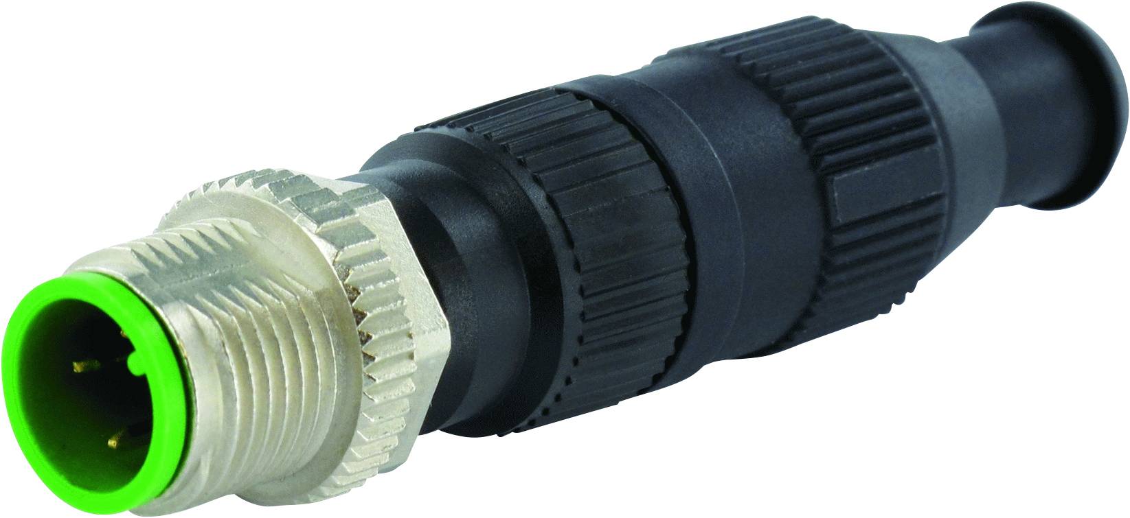 Schwarzer industrieller Stecker mit grünem Ring und Metallgewinde, geeignet für robuste elektrische Verbindungen und Anwendungen.