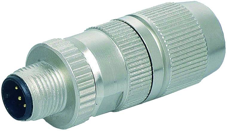 Ein runder, metallischer M12-Steckverbinder mit einem geriffelten Gehäuse und mehreren Stiftkontakten.