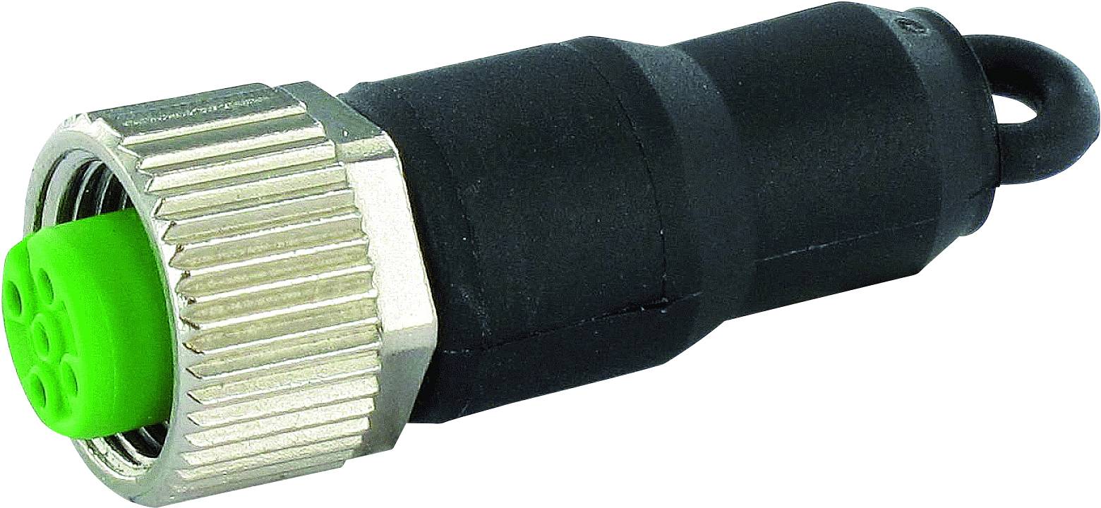 Ein schwarzer Steckverbinder mit grünem Anschluss und geriffeltem Metallring.用于 elektrischen Verbindungen in Industrieanlagen.