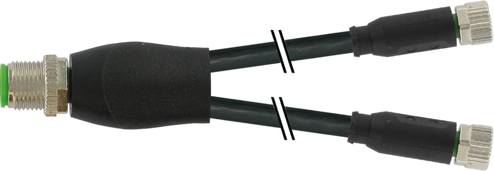 Ein schwarzes Y-Splitter-Kabel mit einem männlichen Stecker auf der einen Seite und zwei weiblichen Steckern auf der anderen Seite.