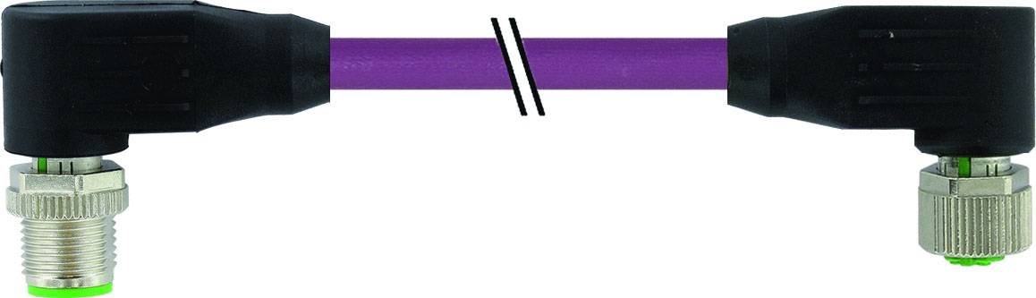 Ein violettes, abgewinkeltes Ethernet-Kabel mit schwarzen Steckern an beiden Enden, jeweils mit Metallgewinde und grüner Markierung.