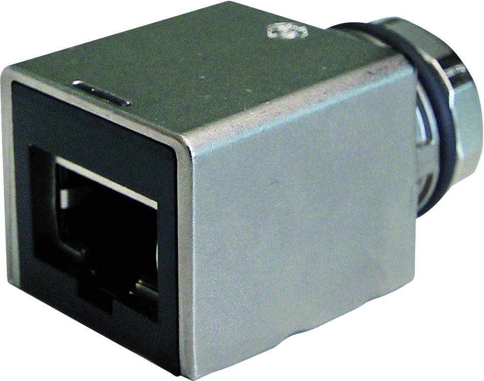 Rechteckiger Metallstecker mit RJ-45-Netzwerkanschluss und Schraubverschluss, geeignet für industrielle Ethernet-Verbindungen.