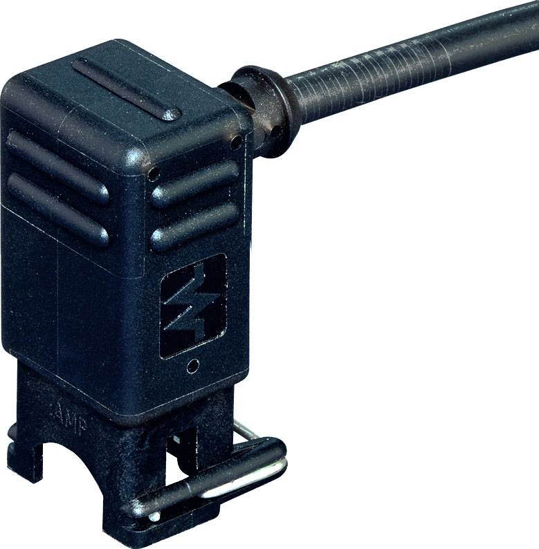 Ein schwarzer, quadratischer elektrischer Stecker mit Kabel, geeignet für industrielle Anwendungen.