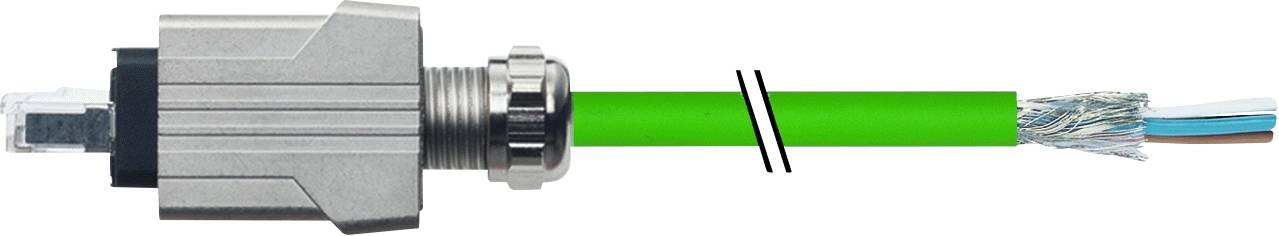 Metallischer Steckverbinder, der ein grünes Ethernetkabel mit freiliegenden Drähten verbindet.