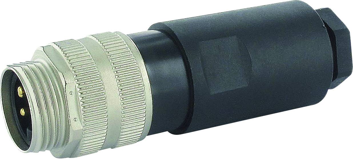 Ein schwarzer und silberner elektrischer Steckverbinder mit drei Metallstiften. Geeignet für industrielle Anwendungen.