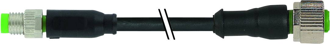Elektrisches Kabel mit schwarzen und grünen Steckern an beiden Enden, getrennt in der Mitte.