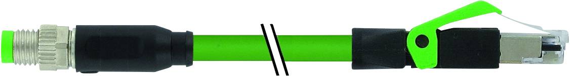Grünes Ethernet-Kabel mit Verriegelungsmechanismus, schwarzer Ummantelung und Steckverbindern an beiden Enden.