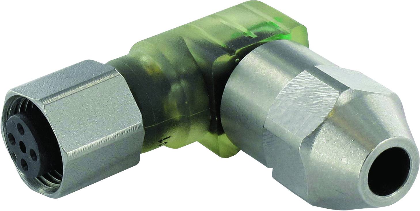 Ein L-förmiger elektrischer Steckverbinder aus Metall und Kunststoff mit mehreren Anschlusspunkten.