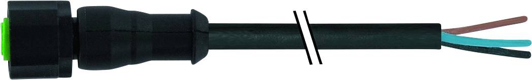 Schwarzes Kabel mit Steckverbindung und drei freiliegenden Drähten: braun, blau und grün.