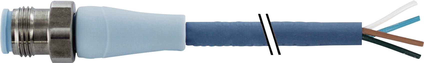 Ein blaues Netzwerkkabel mit Metallstecker links und offenen Adern rechts, farbig markiert in Braun, Weiß, Blau und Grün.