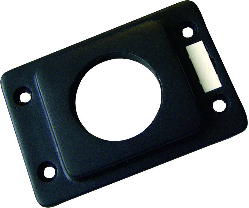 Rechteckige schwarze Montageplatte mit mittigem rundem Loch und vier Befestigungslöchern an den Ecken.