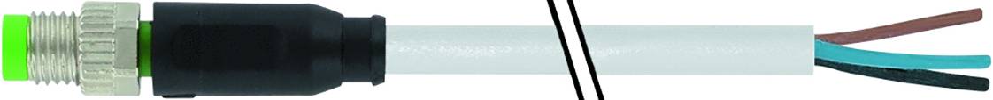 Ein Kabel mit einem grünen Anschlussstecker; drei farbige Drähte ragen heraus: braun, blau und schwarz.