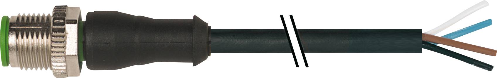 Ein schwarzes elektrisches Kabel mit einem metallischen Steckverbinder links und vier hervorstehenden Adern rechts in den Farben blau, braun, schwarz und grün.