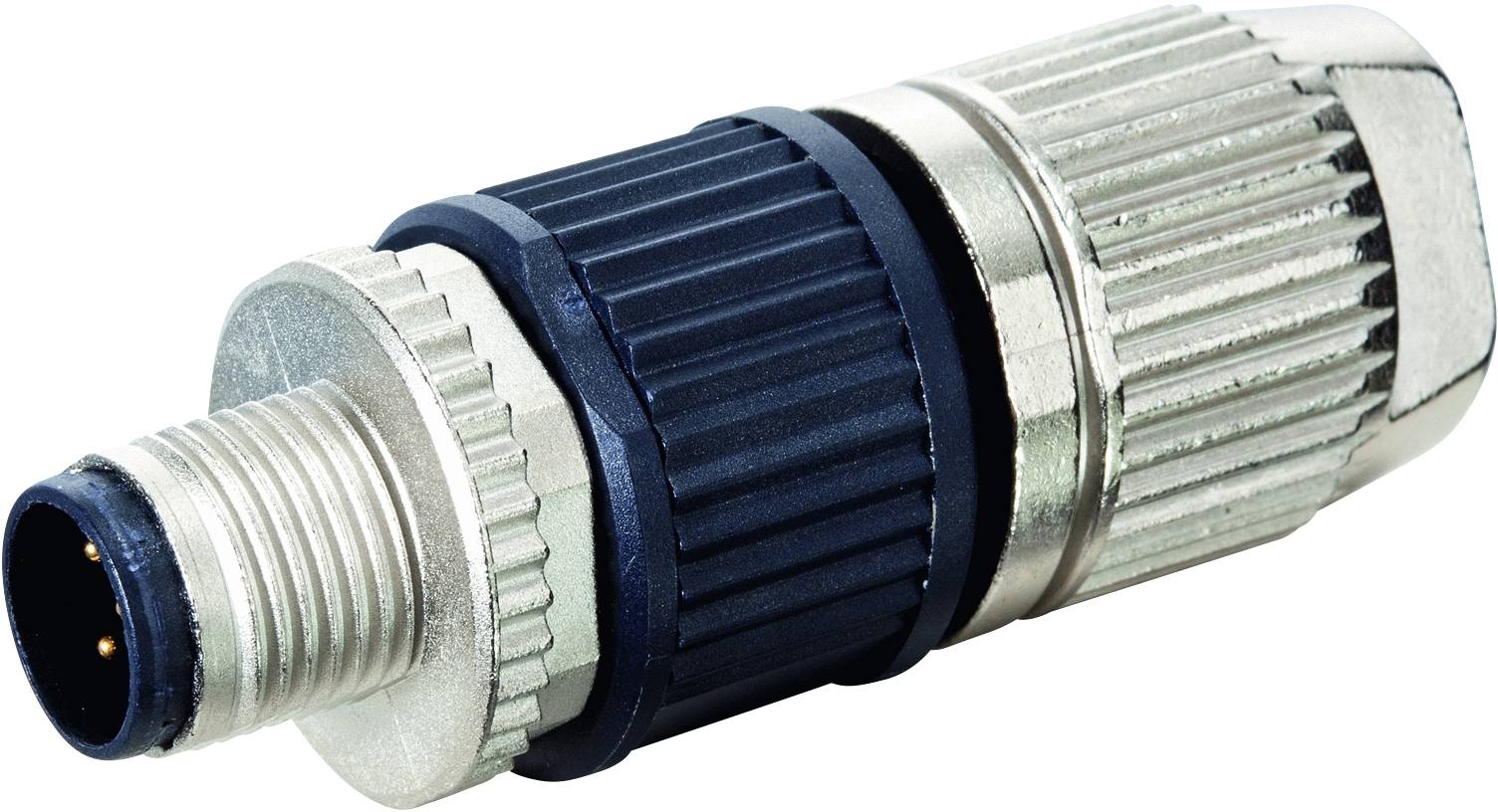 Metall-Steckverbinder mit schwarzem und silbernem Gehäuse, bestehend aus mehreren Segmenten. Verwendet für elektrische Verbindungen.