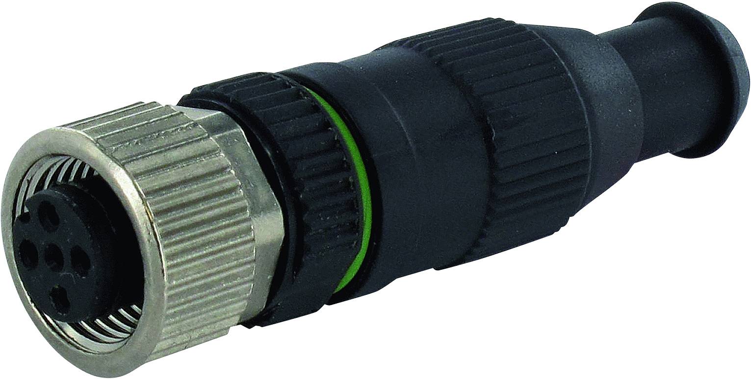 Ein schwarzer, mehrpoliger Stecker mit Metallverschraubung und grünem Dichtungsring. Geeignet für industrielle Anwendungen.