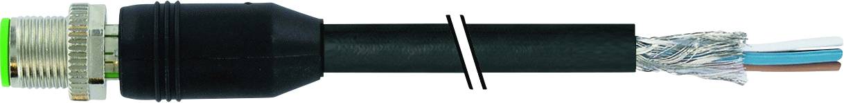 Ein schwarzes Koaxialkabel mit Metallanschlüssen an beiden Enden und abgeschnittenem Mantel, das die inneren Drähte und Abschirmung zeigt.