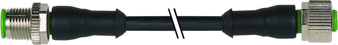 Ein schwarzes Kabel mit silbernen und grünen Anschlüssen an beiden Enden, zeigt zwei Steckverbinder in symmetrischer Anordnung.