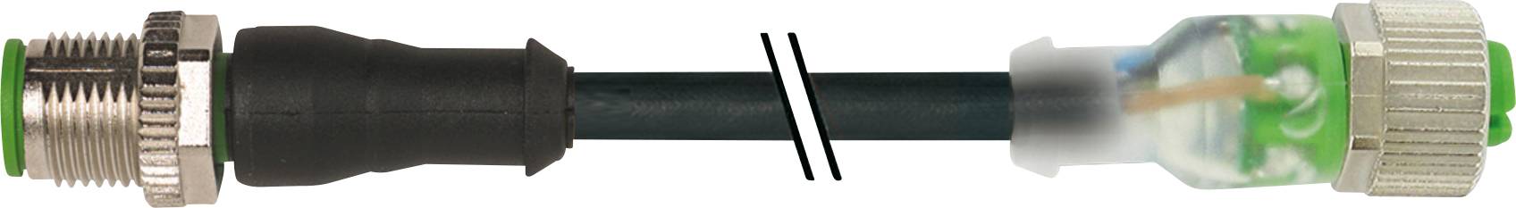 Zwei Steckverbinder, einer mit Gewinde und der andere mit grünem Kunststoffelement, verbunden durch ein schwarzes Kabel.