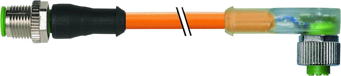 Ein orangefarbenes elektrisches Kabel mit Steckverbindern an beiden Enden. Links Metallverschluss, rechts grüner und transparenter Anschluss.