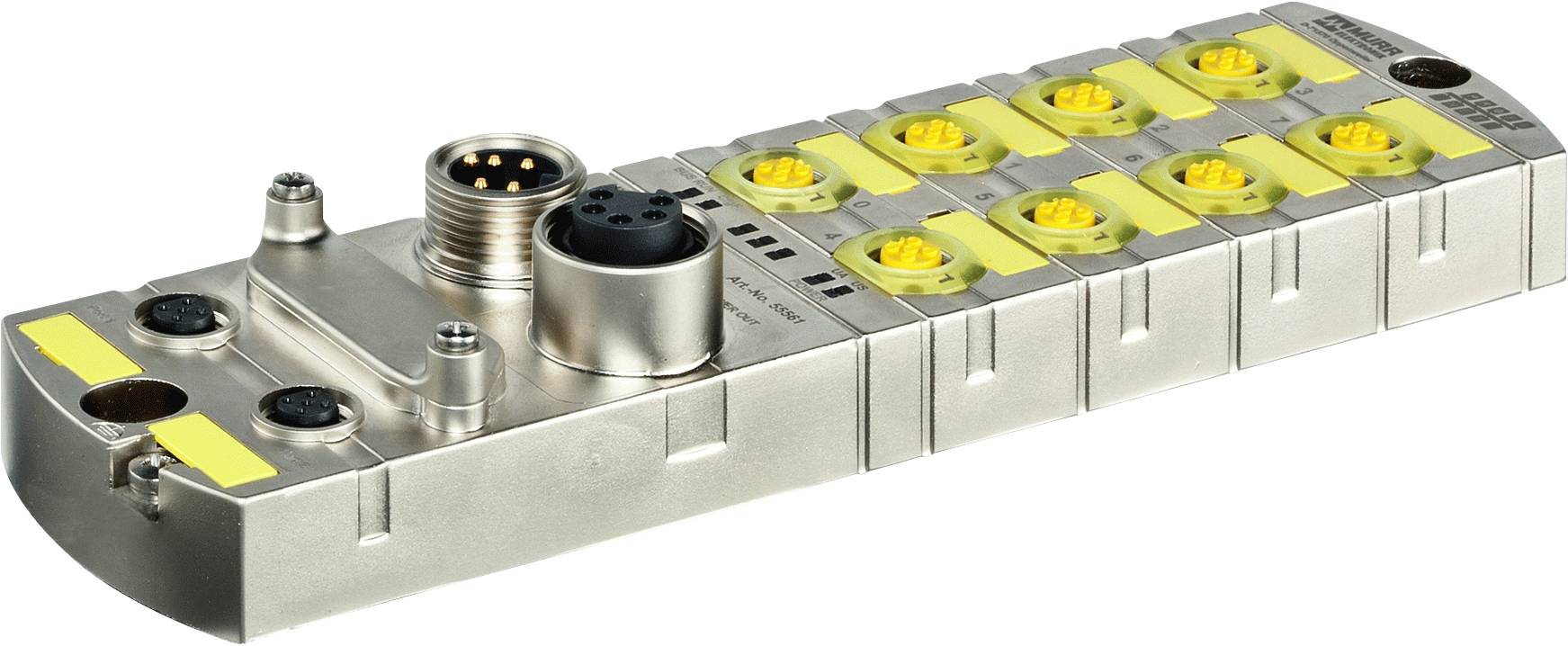 Ein rechteckiges Metallmodul mit mehreren gelben Anschlüssen. Ein großer runder Stecker befindet sich an der linken Oberseite.