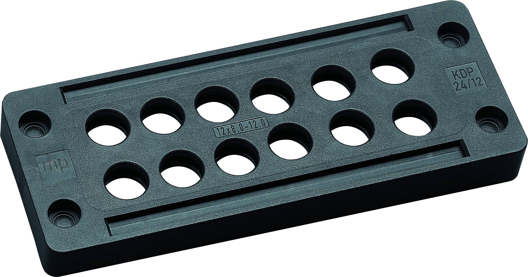 Schwarze Kabeldurchführung mit mehreren runden Öffnungen zur Kabelbefestigung, rechteckige Form, Material: Kunststoff.