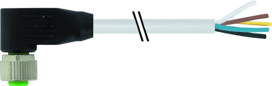 Nahaufnahme eines abgewinkelten Steckverbinders mit freiliegenden Kabelenden in verschiedenen Farben. Der Stecker hat eine schwarze Schutzkappe.