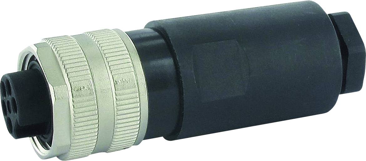 Ein schwarzer zylindrischer Steckverbinder mit Metallgewinde und drei Steckplätzen, geeignet für industrielle Anwendungen.