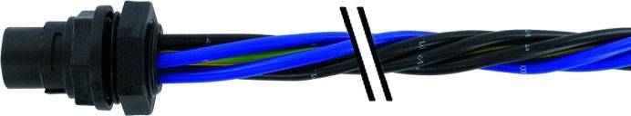 Mehrfarbiger Kabelstrang mit blauen und schwarzen Kabeln, gesichert durch eine schwarze Kabelverschraubung.