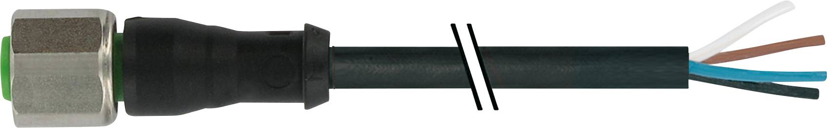 Schwarzes Kabel mit Metallstecker und mehreren herausragenden, unterschiedlich farbigen Drähten, darunter blauer und brauner Draht.