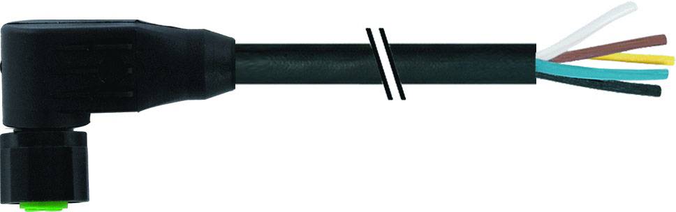 Ein schwarzer Kabelstecker mit vier abisolierten Adern in den Farben Weiß, Braun, Grün und Gelb.
