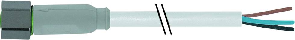 Graues Kabel mit Steckverbinder und drei sichtbaren Drähten in Braun, Blau und Grün. Kabel ist in Plastikhülle und durchtrennt.