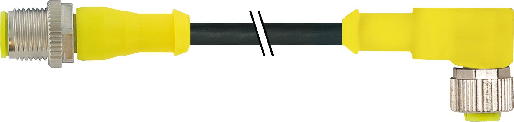 Gelbes Kabel mit einem geraden männlichen Stecker auf der linken Seite und einem abgewinkelten weiblichen Stecker auf der rechten Seite.