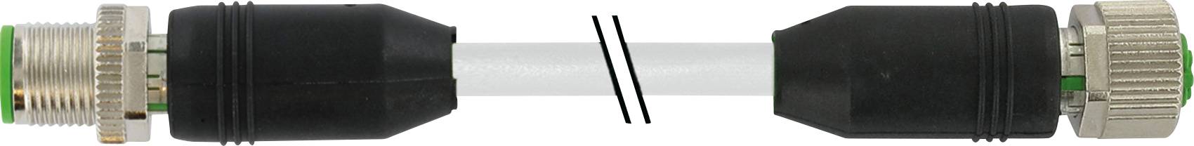 Zwei verbundene schwarze Steckverbindungen mit einem Kabel in der Mitte. Links und rechts sind metallische Schraubverschlüsse sichtbar.