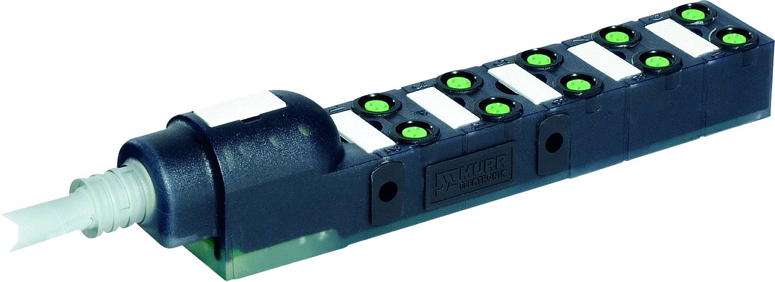 Ein länglicher, dunkelblauer Steckverbinder mit mehreren grünen LEDs, geeignet zur elektronischen Verbindung und Signalsteuerung.