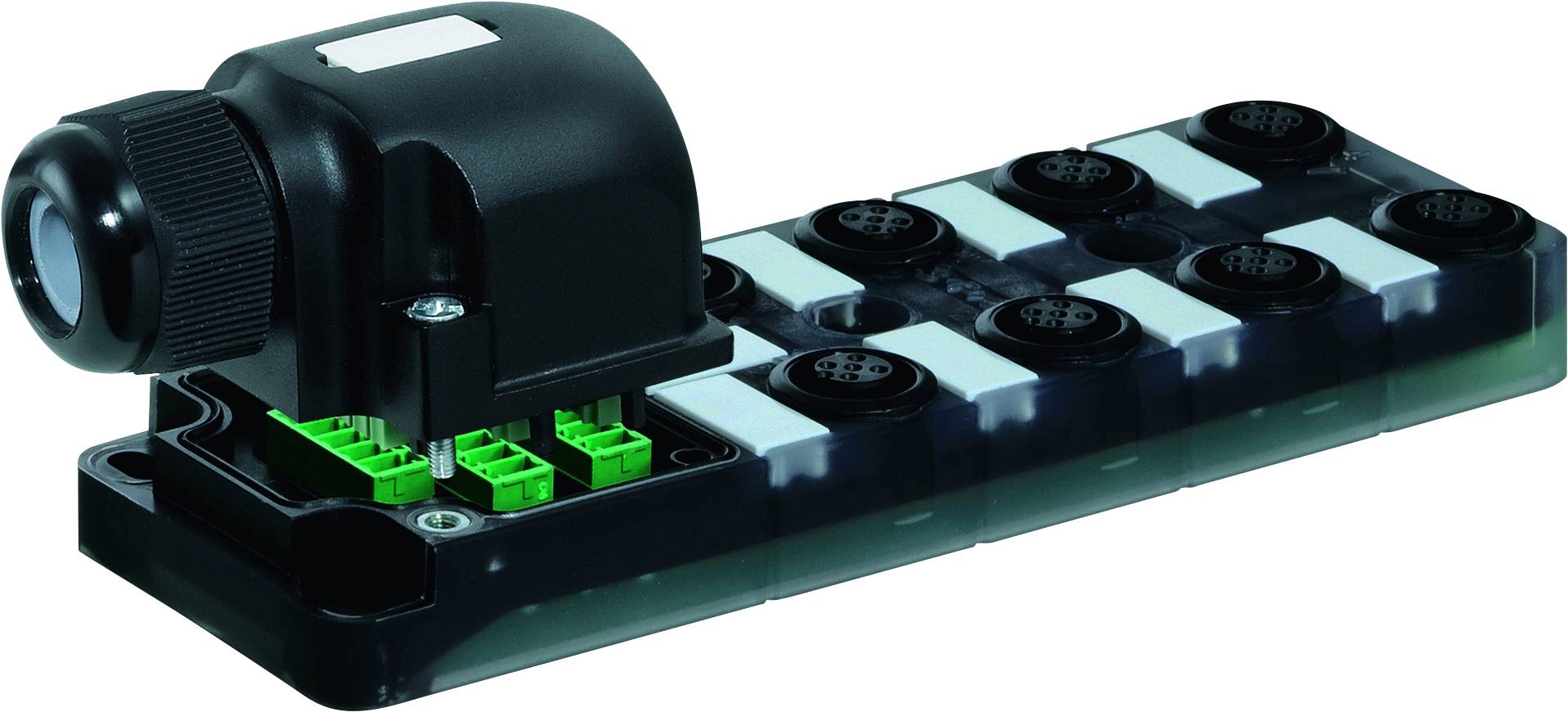 Schwarze elektrische Verbindungseinheit mit mehreren Anschlüssen und grünem innerem Kabelsteckplatz auf weißem Untergrund.
