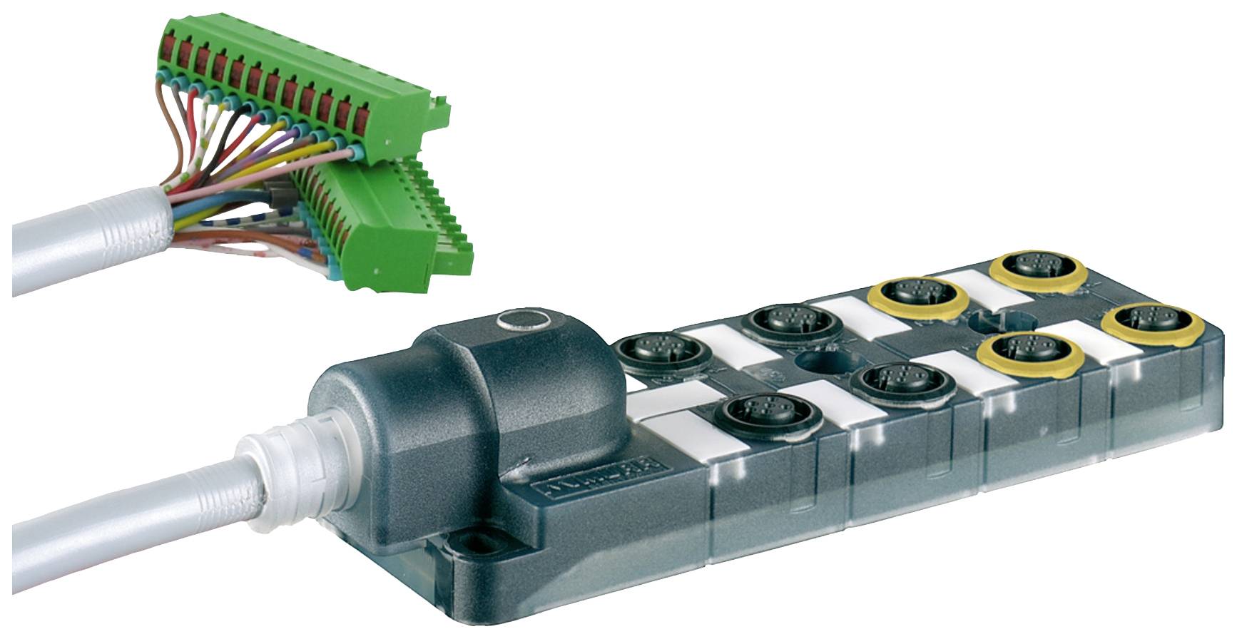 Ein schwarzes Verteilerfeld mit mehreren Steckplätzen und ein Kabel mit vielen bunten Drähten und einem grünen Stecker.