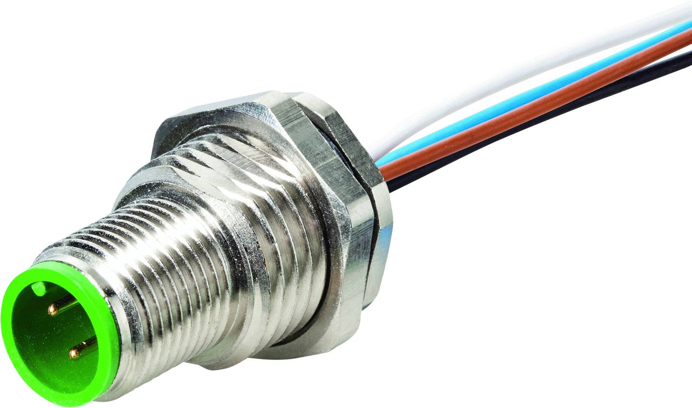 Metallisches Steckverbindergehäuse mit grünem Kunststoffabschluss und vier herausragenden Drähten in verschiedenen Farben.