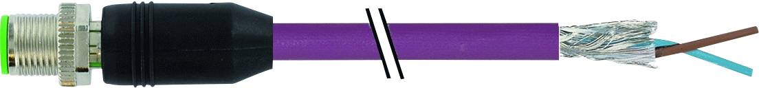 Ausschnitt eines lila Kabels mit einer Steckverbindung an einem Ende und freiliegenden Kabeldrähten am anderen Ende.