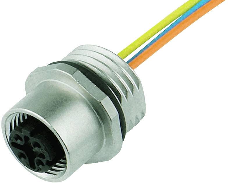 Ein runder, silberner Steckverbinder mit vier Steckplätzen und mehrfarbigen Kabeln. Verwendet für elektrische Verbindungen.