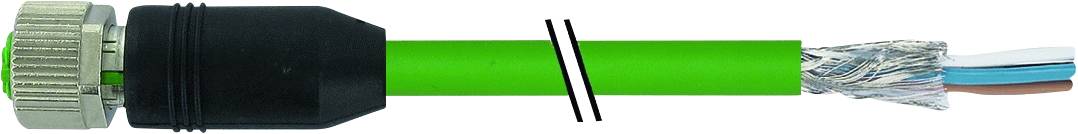 Ein grünes Industriekabel mit Metallanschluss und offenen Drähten am Ende, um die interne Struktur zu zeigen.
