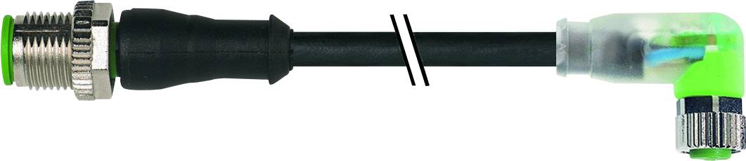 Ein schwarzes Kabel mit grünem Verbinder und Schraubverschluss. Es hat einen rechtwinkligen Anschluss am Ende.